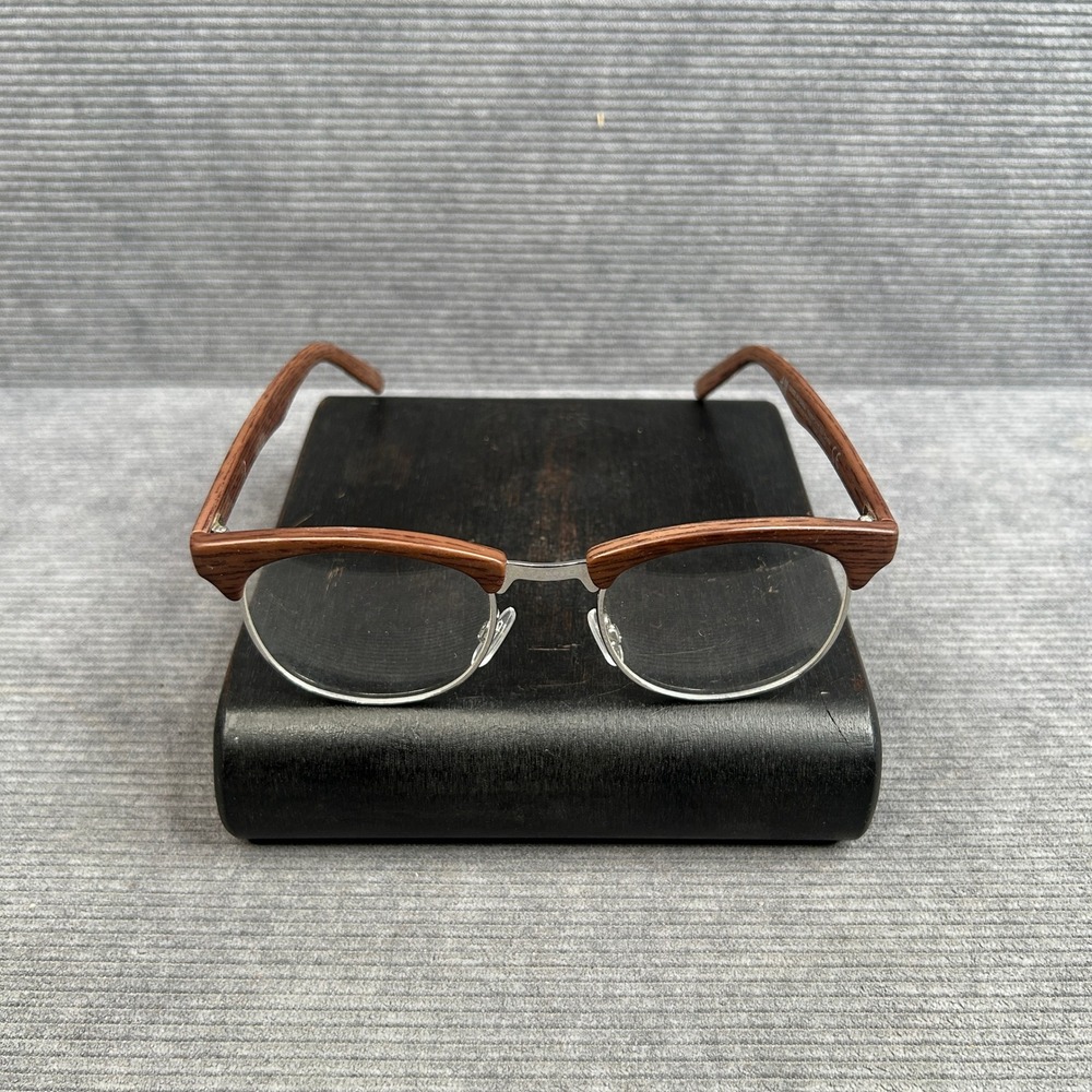 H&M 425050 Brown Wood Grain Browline Clubmaster Y2k Eyeglasses Silver Tone Frame